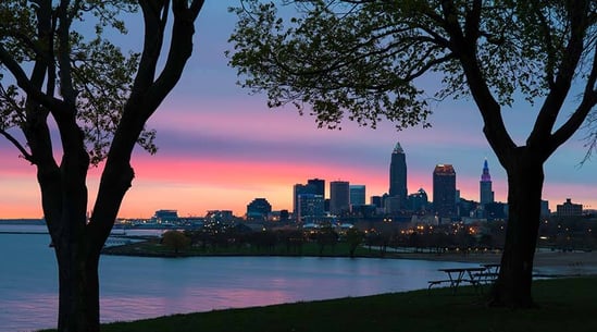 Cleveland lakefront skyline at sundown