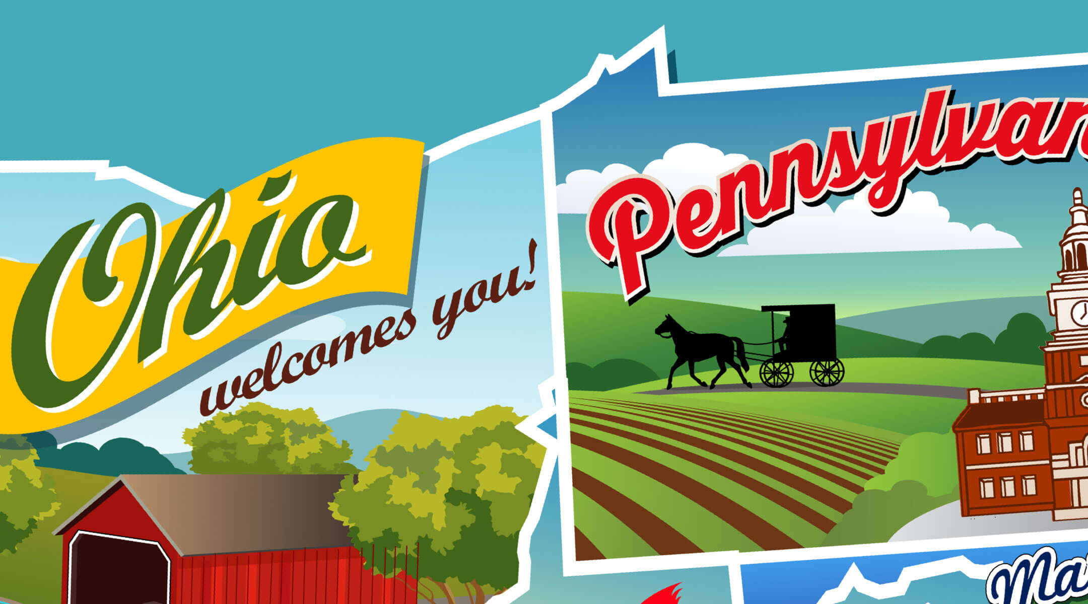 A postcard image with artwork welcoming travelers to Ohio and Pennsylvania.