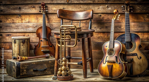 Collection of musical instruments leaning against a wall