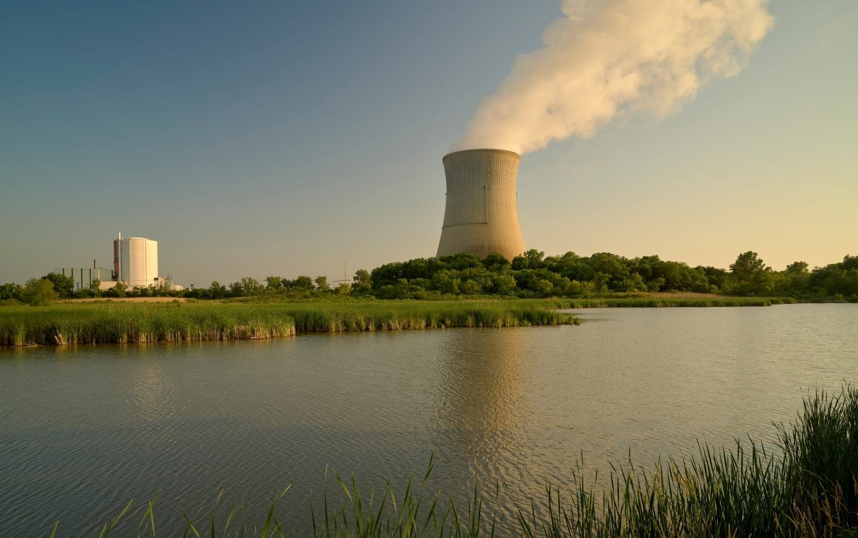 View of Energy Harbor’s Perry nuclear power plant from wetland