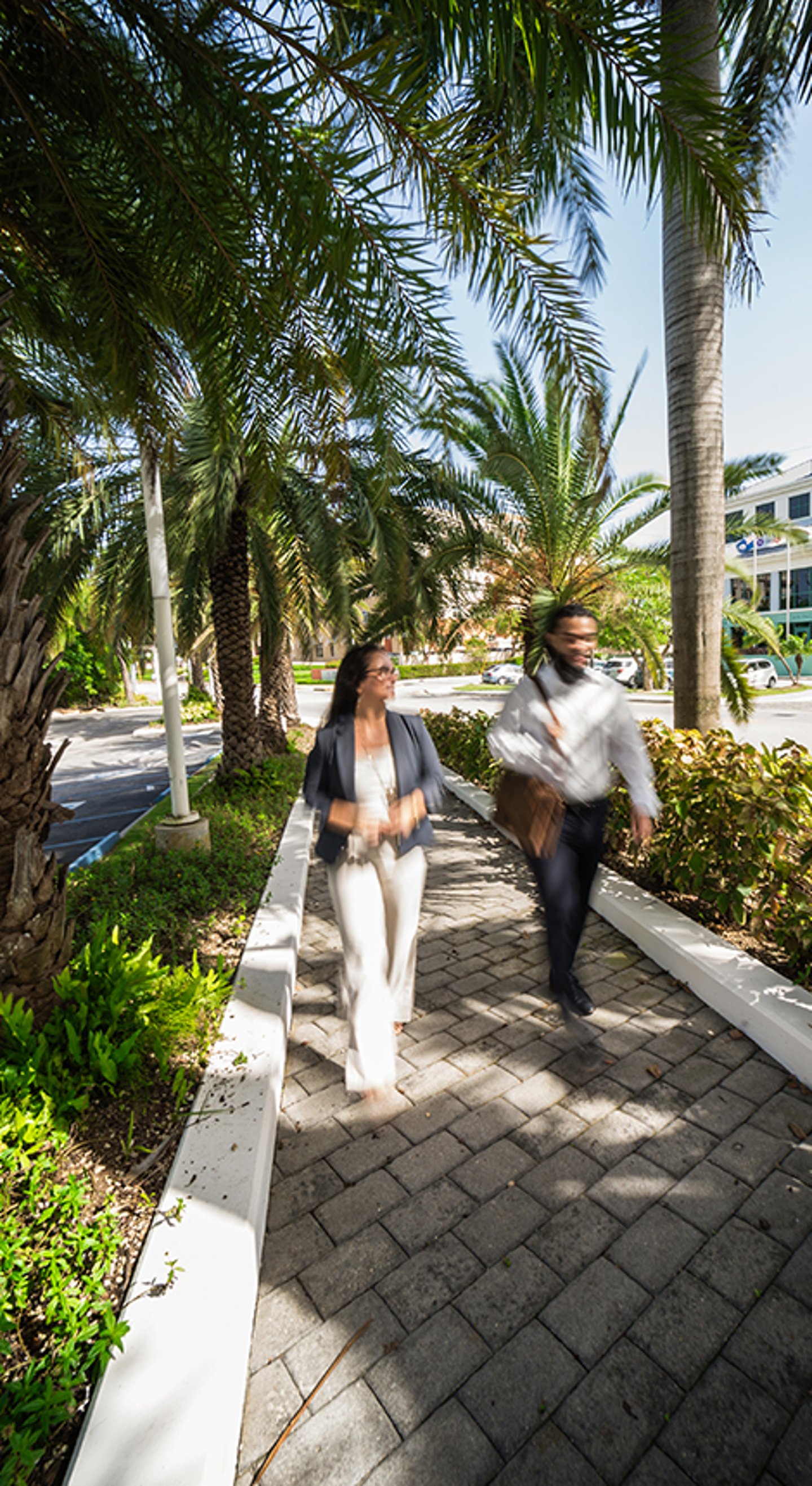 Two professionals briskly walk along a palm-lined pathway near modern office buildings on a sunny day.