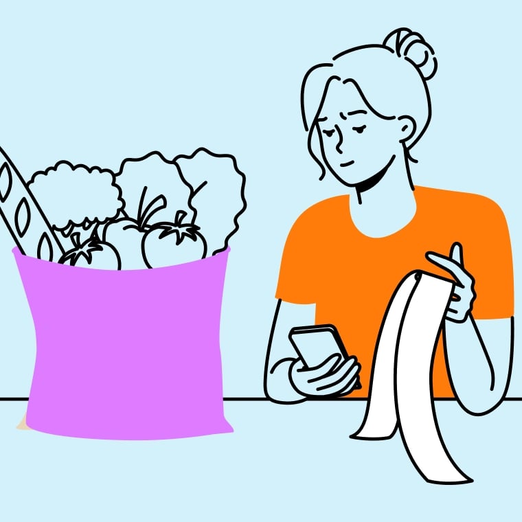 Colorful illustration of a young woman looking at a grocery receipt, a concerned expression on her face.