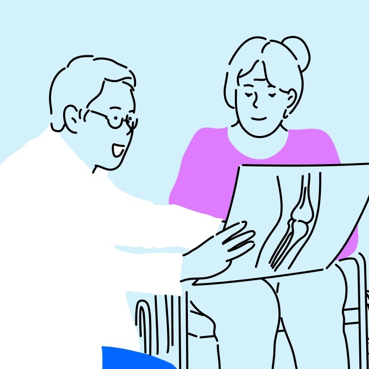 Colorful illustration of a doctor doing over medical charts with a patient.