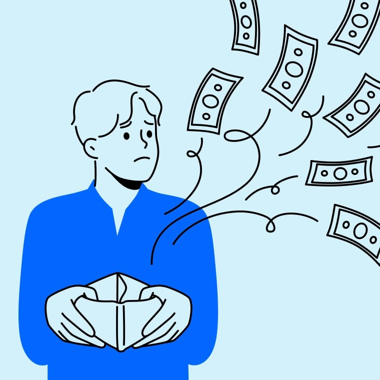Colorful illustration of a young man looking concerned as dollar bills fly out of his open wallet.