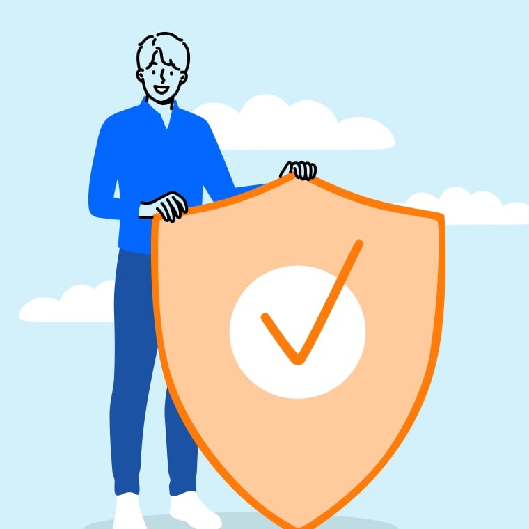 Colorful illustration of a young standing next to a shield that indicates his accident protection insurance coverage.