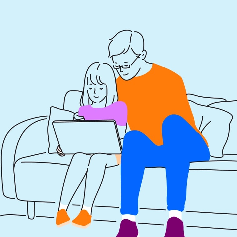 A colorful illustration of a father sitting next to his young daughter on a couch as she works on a laptop.