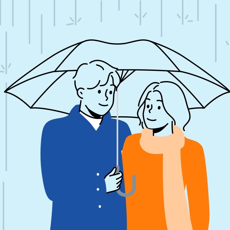 Colorful illustration of a young couple walking underneath an umbrella during a rainstorm.