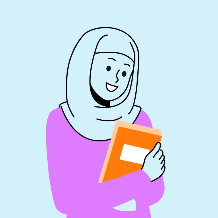 Colorful illustration of a young woman holding a textbook to her chest.