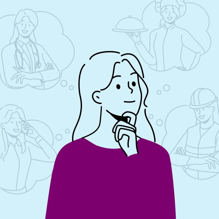 Colorful illustration of a young woman thinking about life insurance plans.