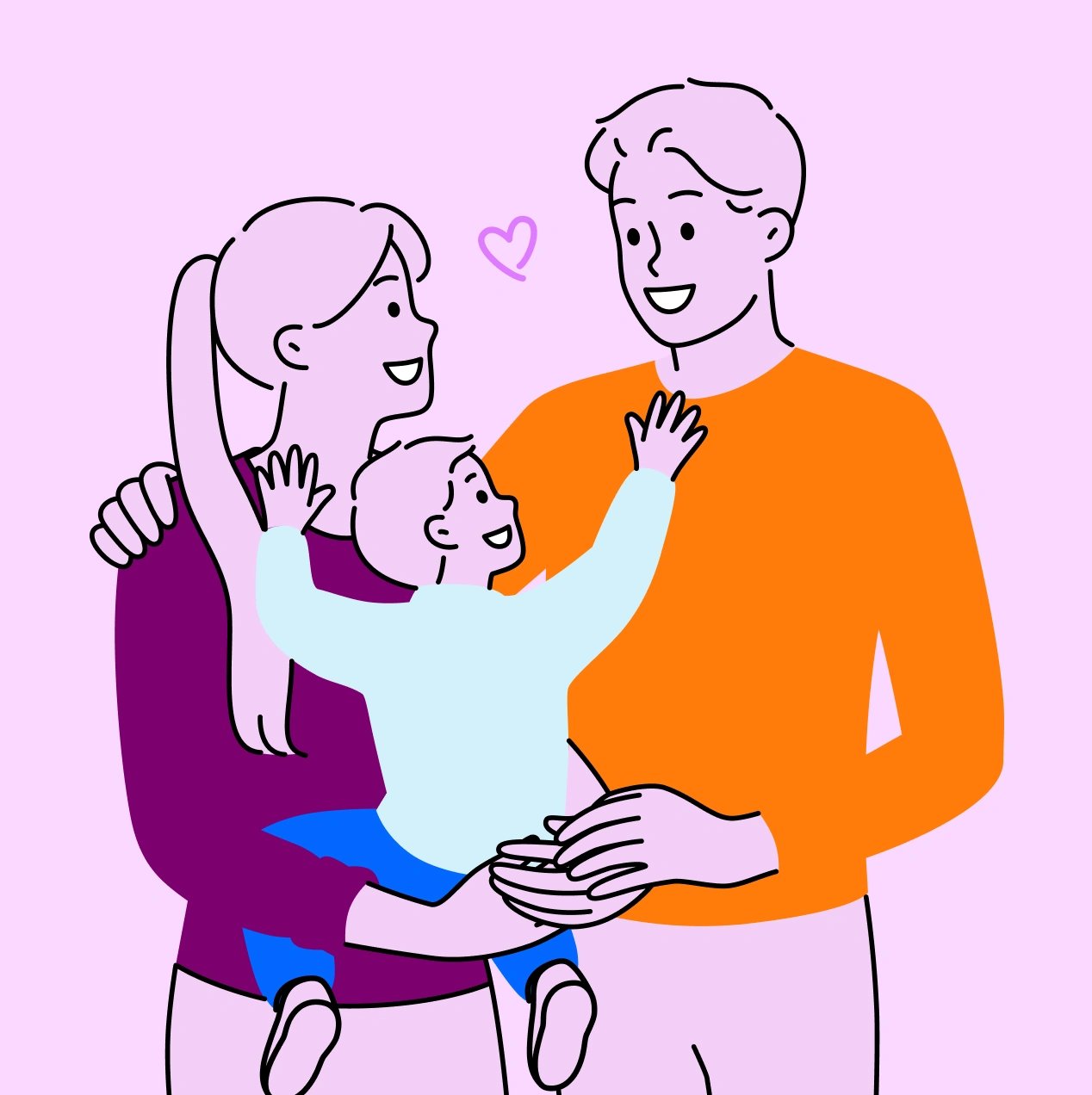 A colorful illustration of a young couple holding their toddler.