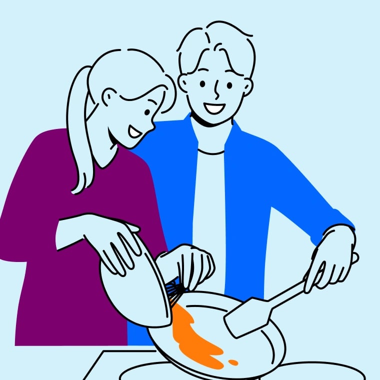Colorful illustration of a young couple washing dishes together.