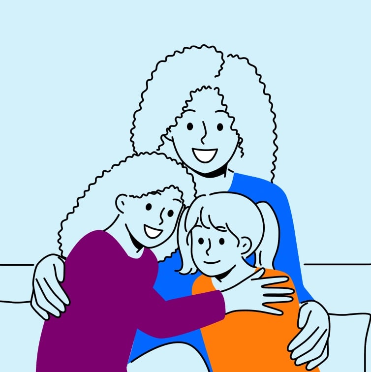 Colorful illustration of a smiling mom as she hugs her two young daughters.