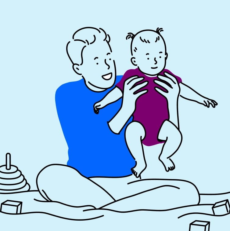 Colorful illustration of a dad sitting cross-legged on the floor and holding up his infant daughter.