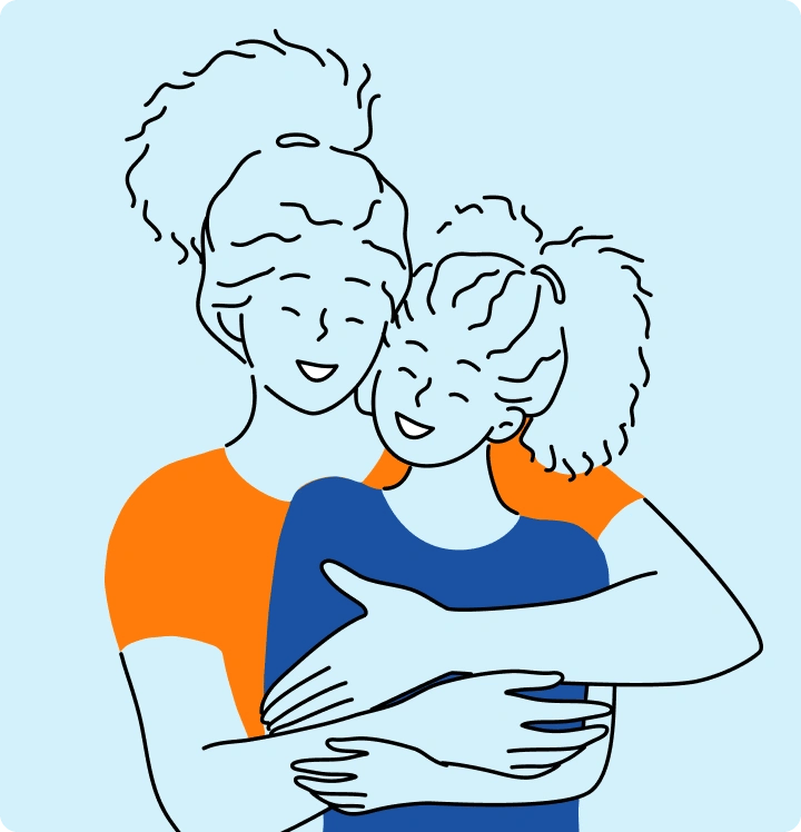 Colorful illustration of a mom hugging her young daughter.