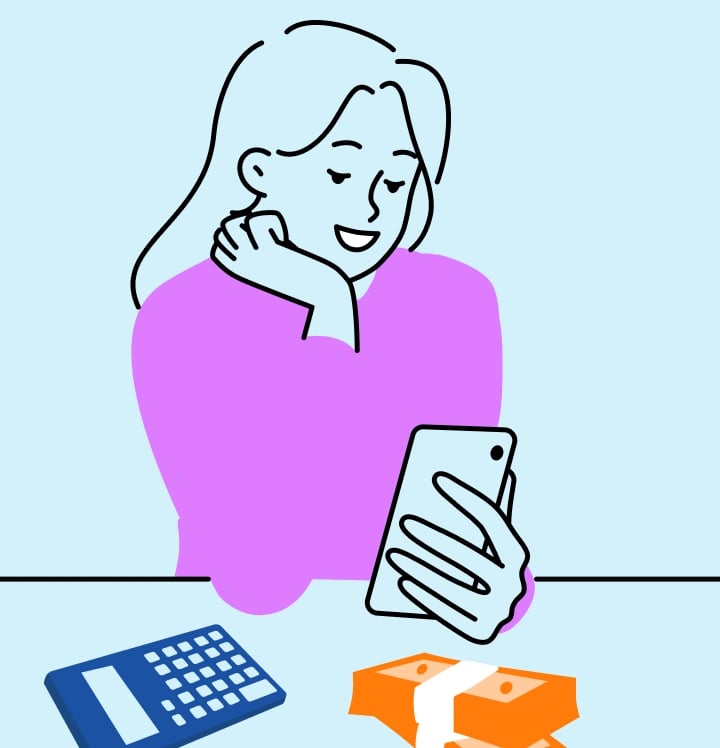 Colorful illustration of a young mom researching life insurance for kids on her smartphone.