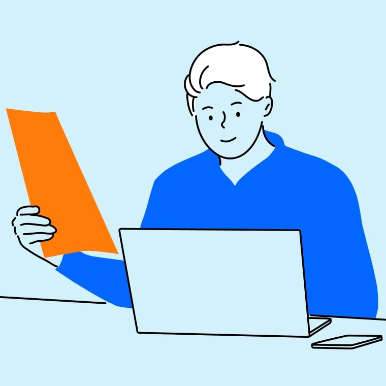 Colorful illustration of a man using his laptop to research guaranteed acceptance life insurance.