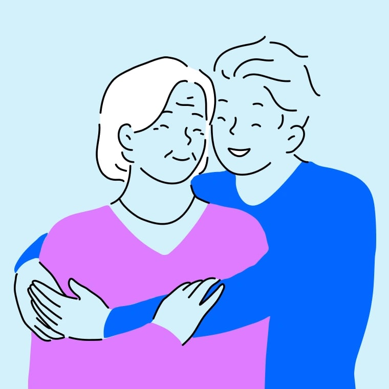 Colorful illustration of an adult son embracing his mother.