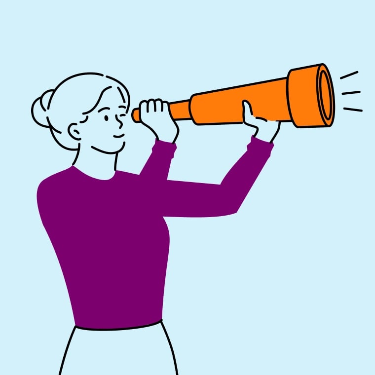 Colorful illustration of a woman looking through a telescope.