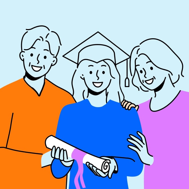 Colorful illustration of proud parents standing with their daughter who’s just graduated.