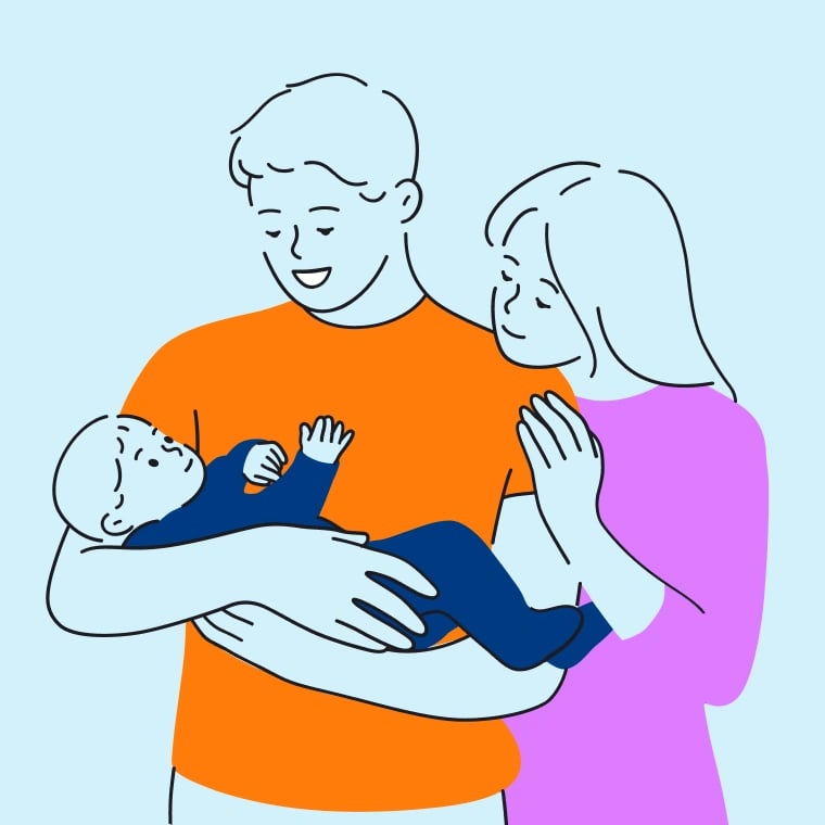 Colorful illustration of a young couple as they cradle their infant and stare lovingly at it.
