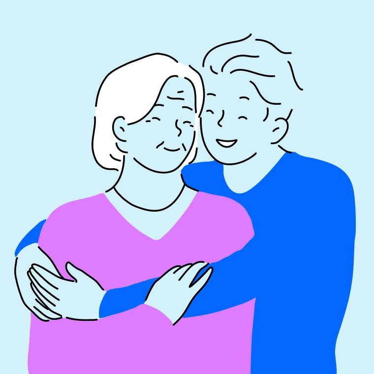 Colorful illustration of an adult song hugging his mom affectionately.