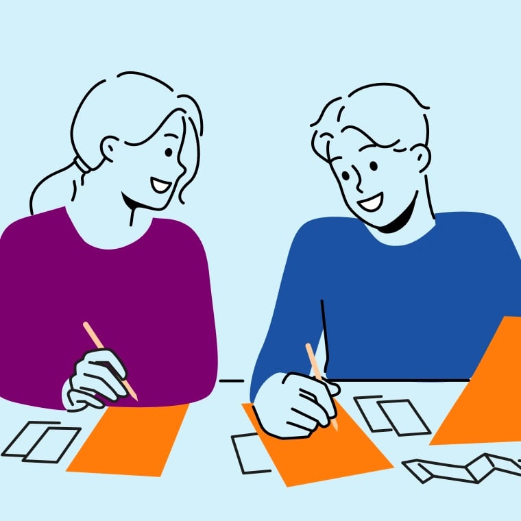 Colorful illustration of a young couple sitting together and looking at their budget.