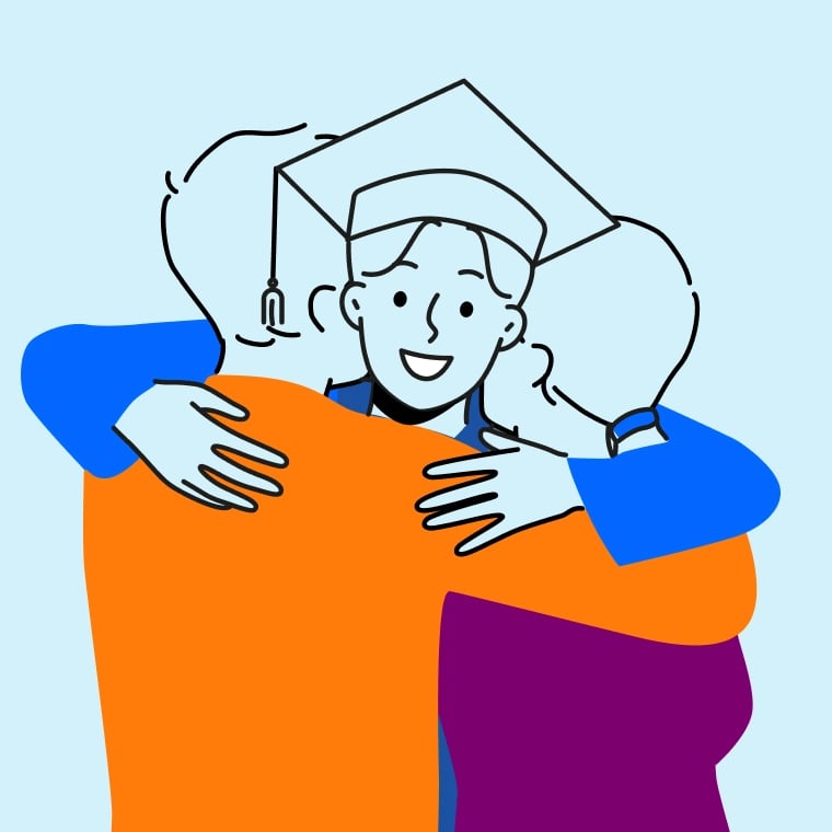 Colorful illustration of a mom and dad hugging their happy daughter who just graduated.