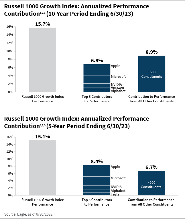 Russell 1000 Growth Index Annualized Performance Contribution 10 Year Period ending 6.30.25 bar chart