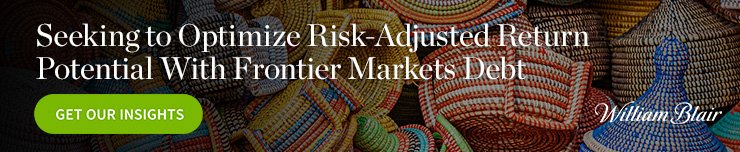 Baskets in a pile with seeking to optimize risk-adjusted return potential with frontier markets debt promotion banner