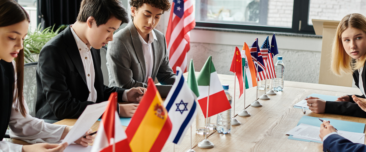 Students at a Model UN meeting