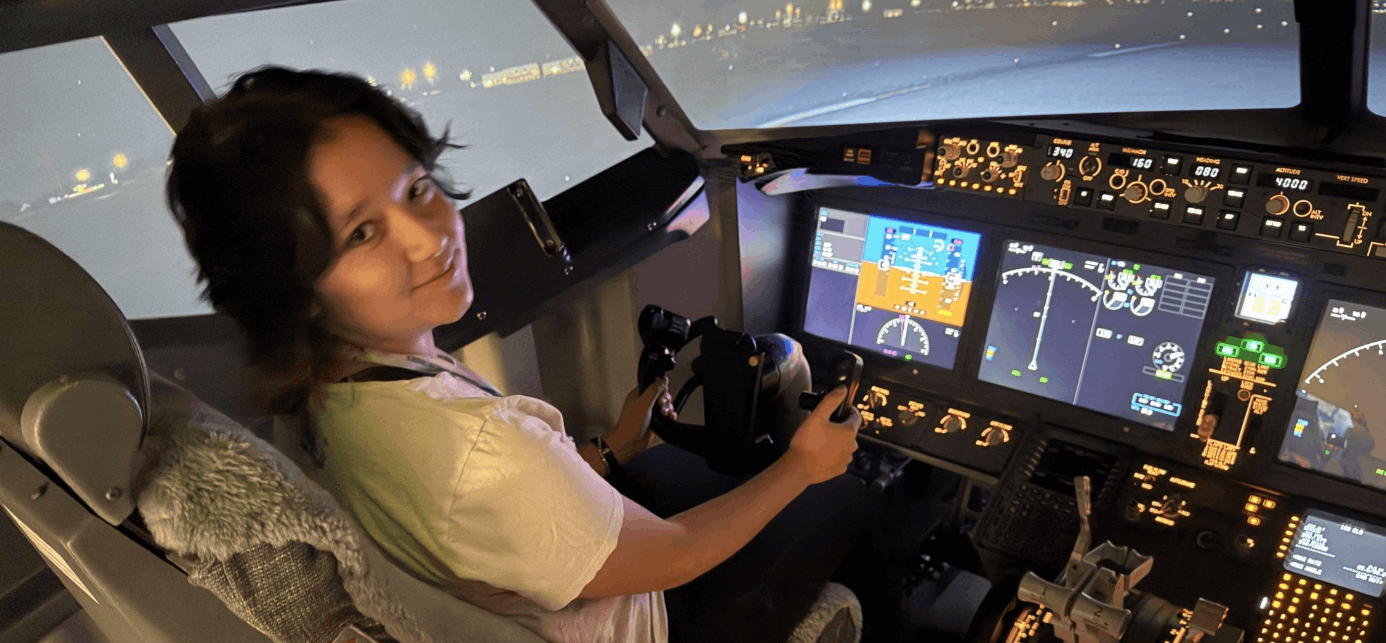Student in an airplane cockpit