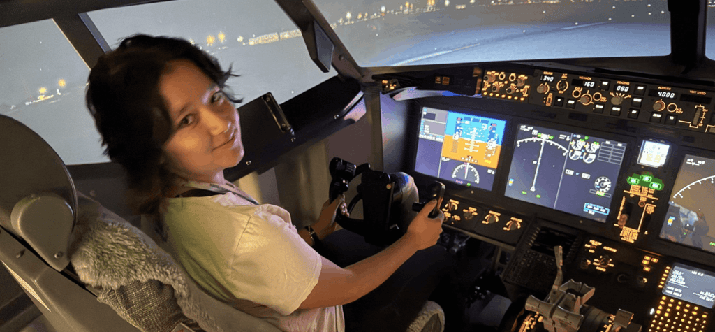 Student in an airplane cockpit