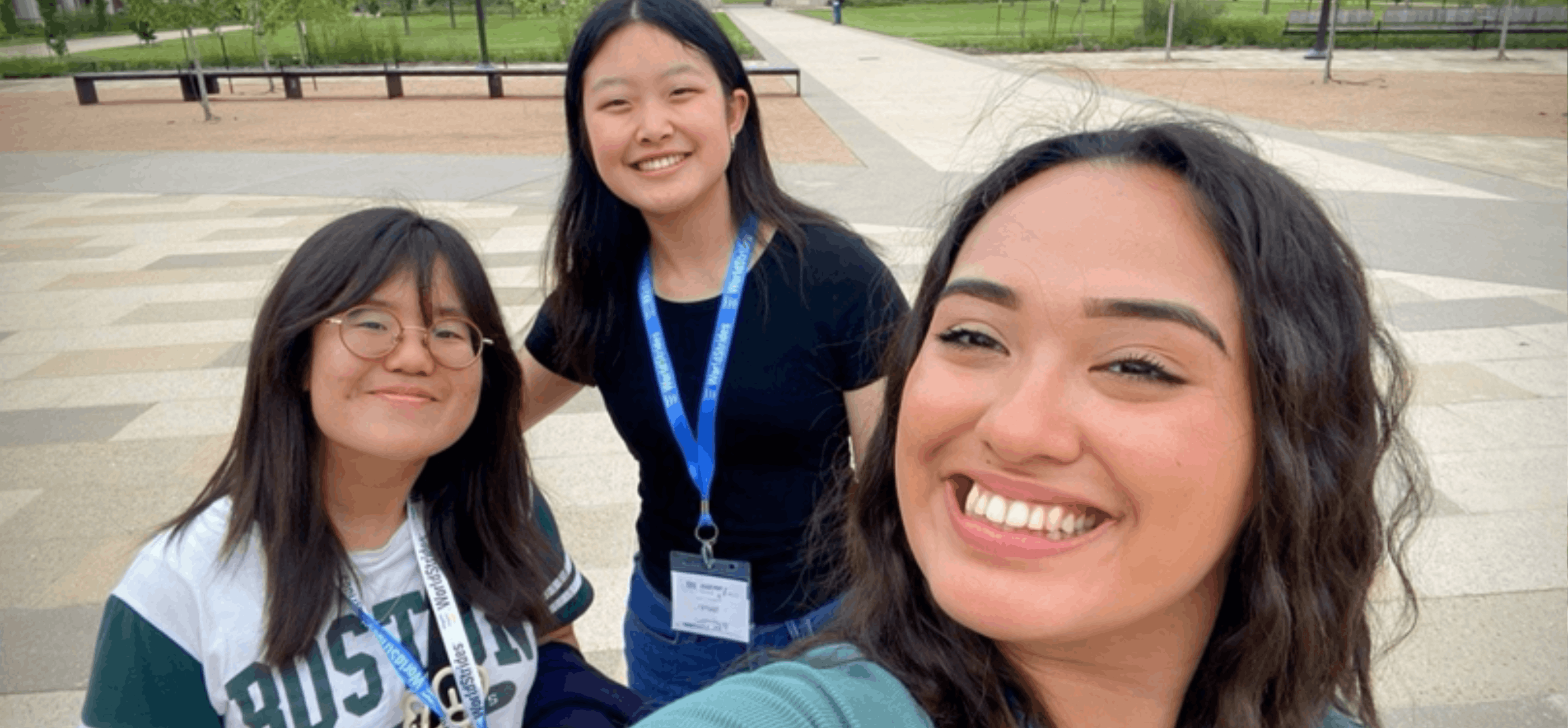 Three students on campus taking a selfie