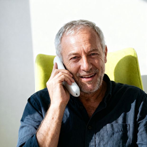 Mann telefoniert zuhause mit einem schnurlosen Festnetztelefon