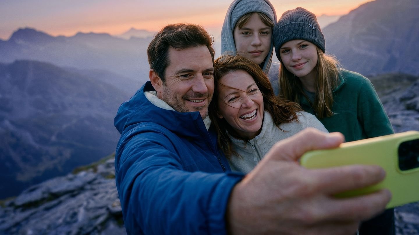 Familie macht mit einem Smartphone ein Selfie in den Bergen