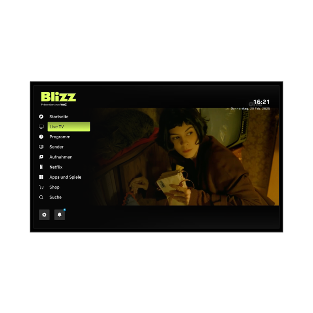 Blizz TV Benutzeroberfläche auf einem Fernseher