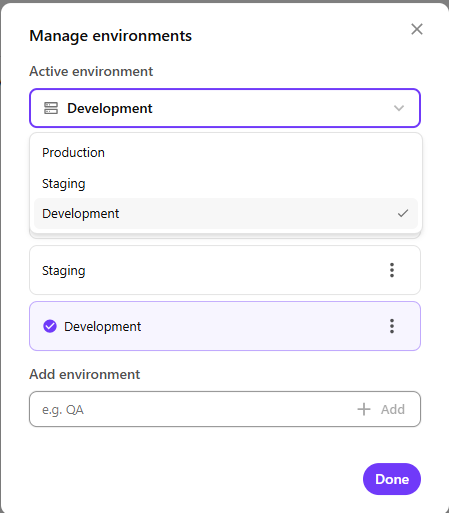 Manage Environments dialog showing Production, Staging, and Development, including the active environment indicator, rename and remove options, and Add Environment field.