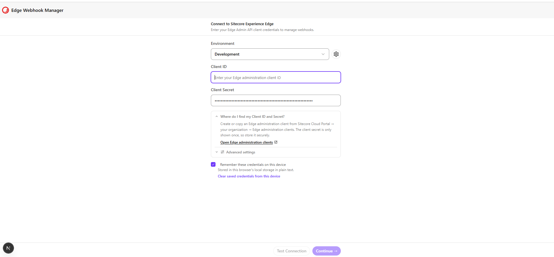 Connect to Sitecore Experience Edge screen showing the environment selector, Client ID and Client Secret fields, credential help, Test Connection, and Continue buttons.