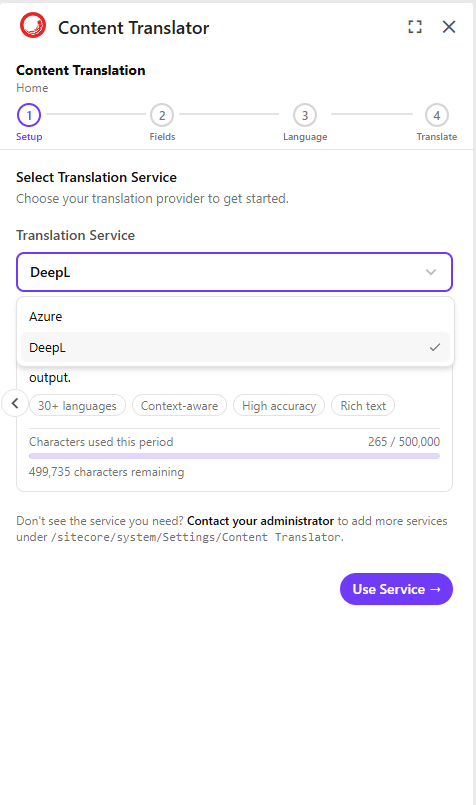 Step 1 showing the service dropdown with Azure and DeepL options, service description card, and DeepL usage bar
