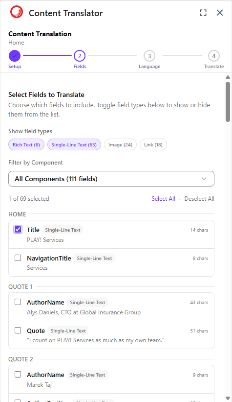 Step 2 showing the component-grouped field list with checkboxes, field type filter toggles, and selected fields highlighted.]