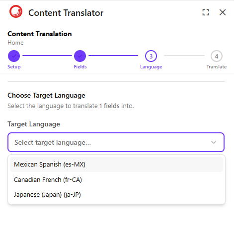 Step 3 showing the source language (English, locked), the target language dropdown showing real Sitecore language codes, and the field count summary.