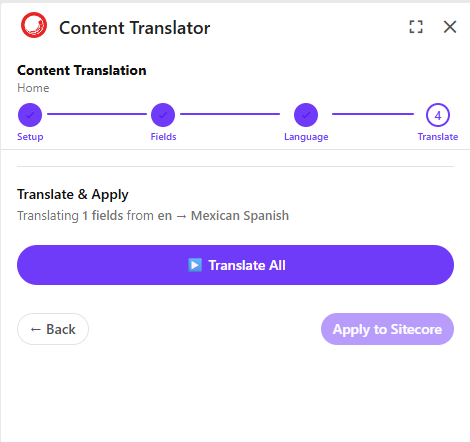 Step 4 showing the per-field translation progress rows with spinner/check/error icons and field names.