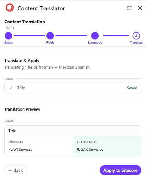 Step 4 after translation completes, showing the side-by-side original vs. translated content with the HTML toggle for rich text.