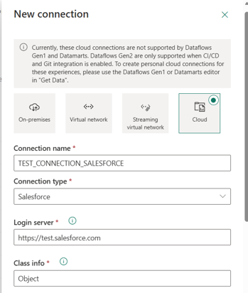 Microsoft Fabric cloud connection configuration for a Salesforce test environment