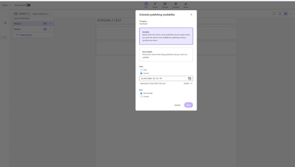 SitecoreAI Page builder Schedule publishing availability dialog for a page version