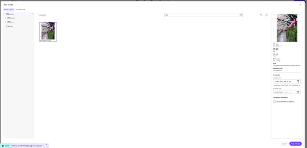 SitecoreAI media picker showing Availability start and end date settings for an image
