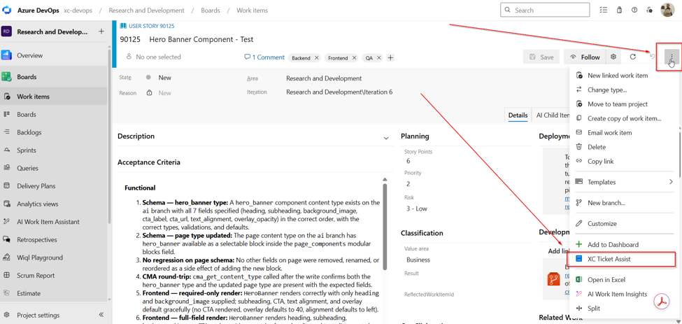 Azure DevOps work item menu with XC Ticket Assist selected