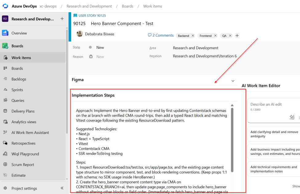 Azure DevOps work item showing implementation steps synchronized from XC Ticket Assist