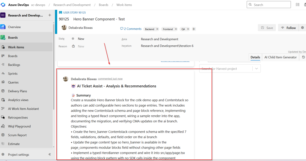 Azure DevOps work item comments showing XC Ticket Assist analysis and recommendations