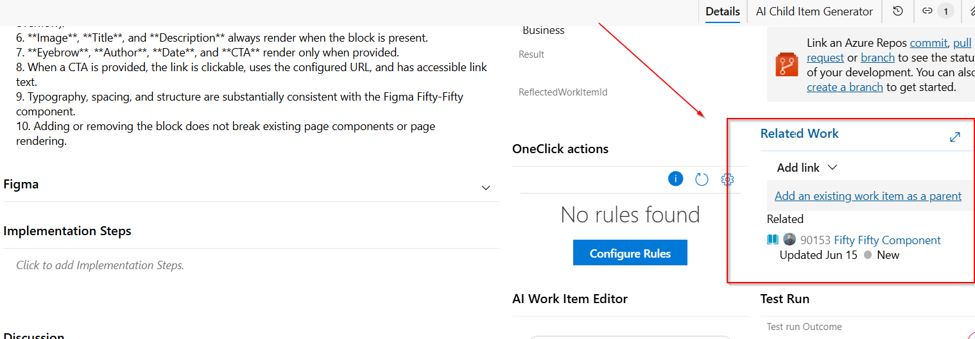 Azure DevOps related work section showing related work items